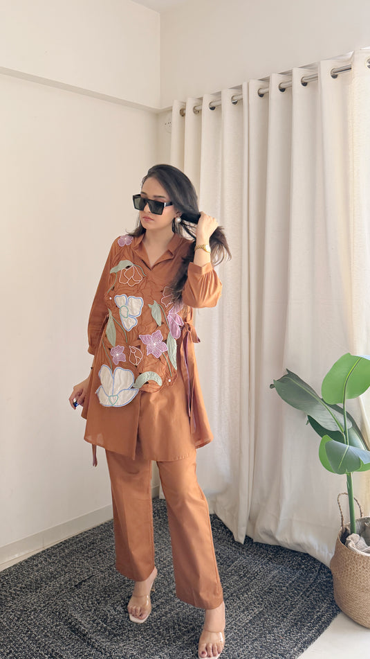 Reshna Brown Embroidered Jacket Coord