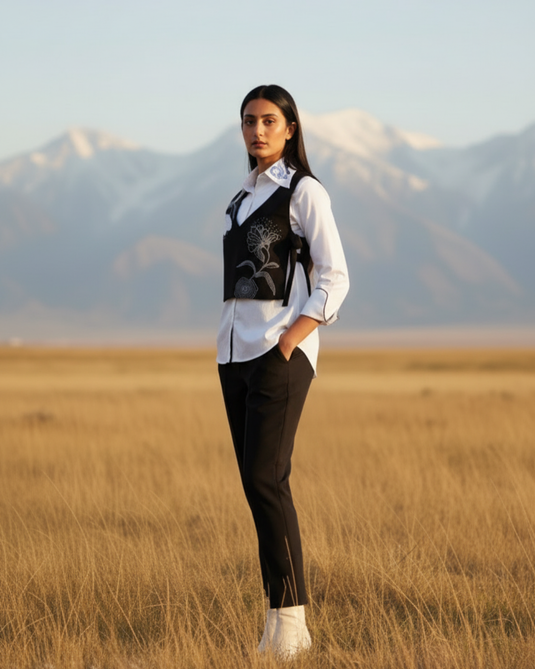 Black Crepe Embroidered Waist Coat Coord