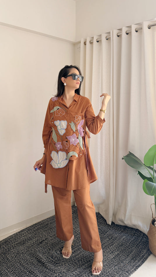 Reshna Brown Embroidered Jacket Coord
