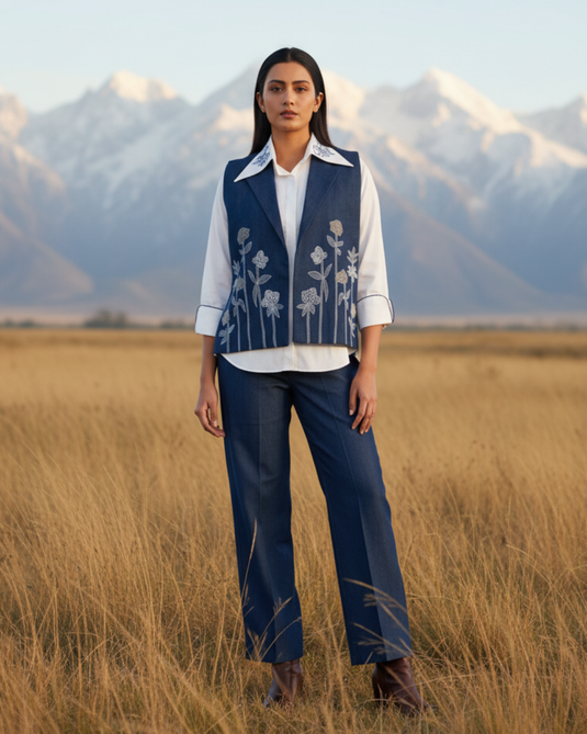 Denim Embroidered Waist Coat Coord