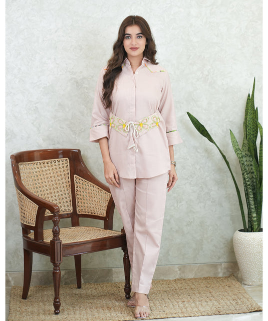 Pastel Pink Embroidered Belt Coord Set