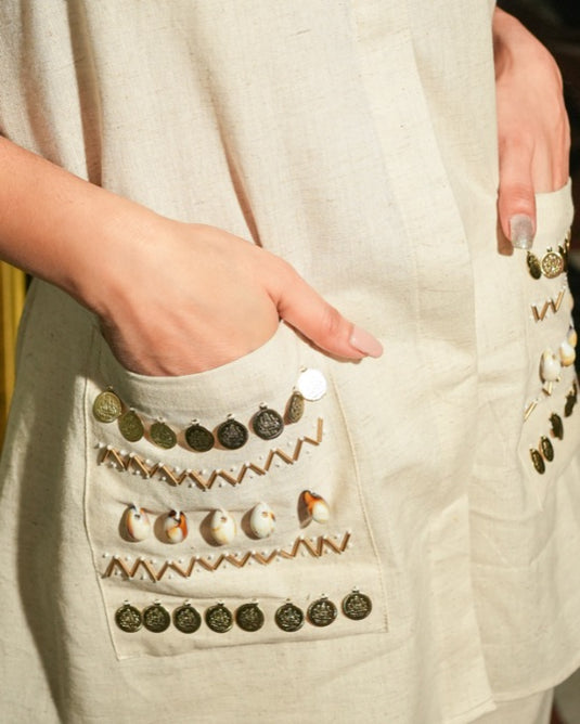 Beige Pocket Embroidered Coord Set
