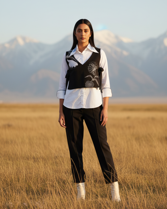 Black Crepe Embroidered Waist Coat Coord