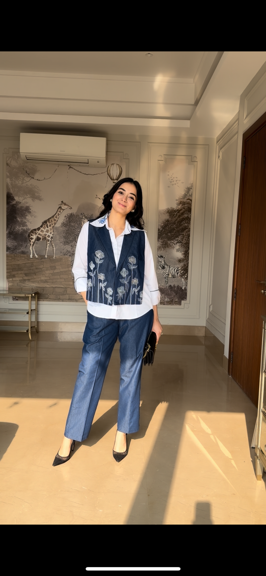 Denim Embroidered Waist Coat Coord
