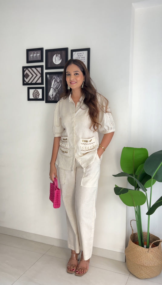 Beige Pocket Embroidered Coord Set