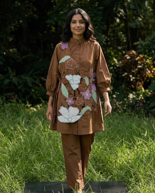Reshna Brown Embroidered Jacket Coord