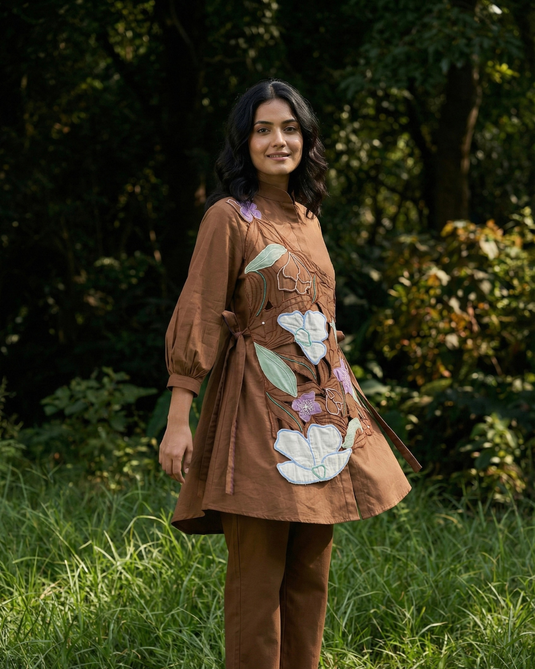 Reshna Brown Embroidered Jacket Coord