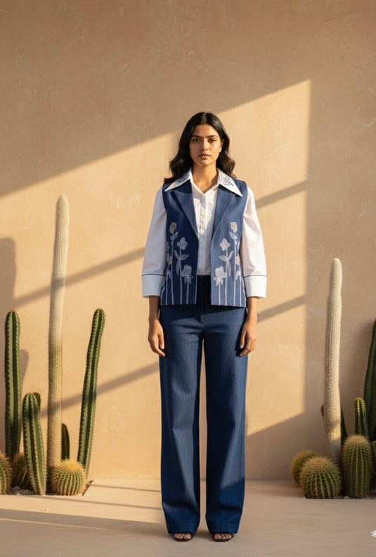 Denim Embroidered Waist Coat Coord