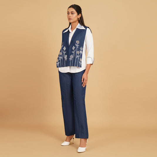 Denim Embroidered Waist Coat Coord