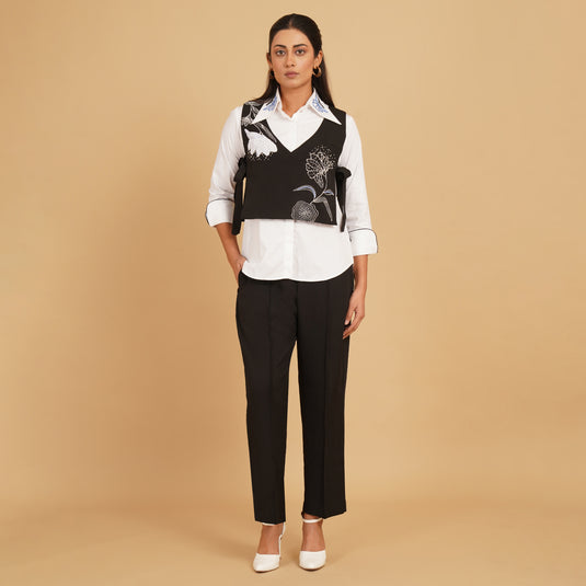 Black Crepe Embroidered Waist Coat Coord